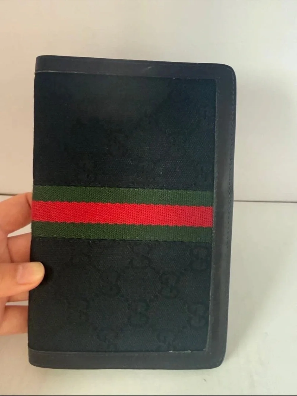 Gucci Black Canvas Clutch with Green and Red Web Stripe